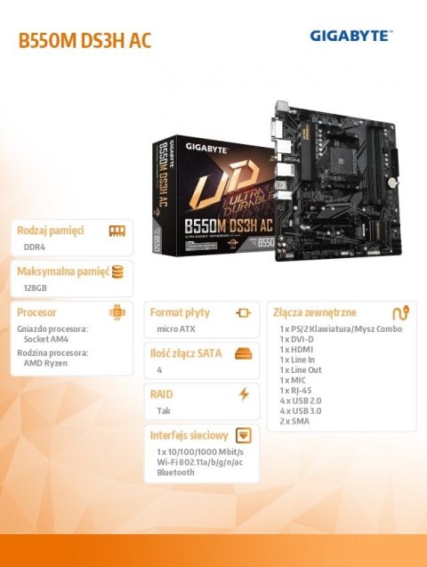 Płyta główna B550M DS3H AC AM4 4DDR4 HDMI/DVI M.2 mATX Płyta główna B550M DS3H AC AM4 4DDR4 HDMI/DVI M.2 mATX