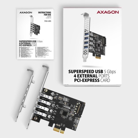 PCEU-43RS Kontroler PCIe 4x port USB 3.2 GEN 1, UASP, chipset Renesas, 15-pin SATA zasilacz, dual power PCEU-43RS Kontroler PCIe 4x port USB 3.2 GEN 1, UASP, chipset Renesas, 15-pin SATA zasilacz, dual power