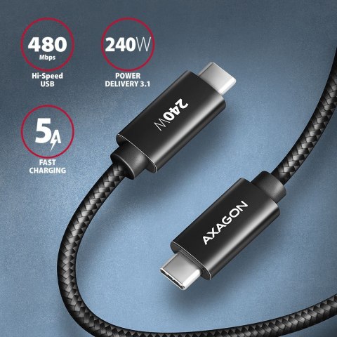 BUCM2-CM30AB Kabel USB-C - USB-C, 3.0m 5A charging, ALU, 240W PD, oplot, USB2.0, czarny