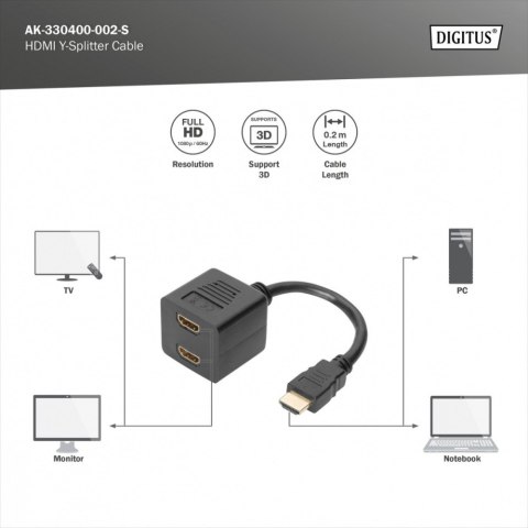 Kabel rozdzielacz/splitter HDMI HighSpeed 1080p 24Hz FHD Typ HDMI A/2xHDMI A M/Ż 0,2m Czarny Kabel rozdzielacz/splitter HDMI HighSpeed 1080p 24Hz FHD Typ HDMI A/2xHDMI A M/Ż 0,2m Czarny