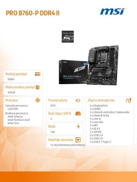 Płyta główna PRO B760-P DDR4 II s1700 4DDR4 DP/HDMI ATX Płyta główna PRO B760-P DDR4 II s1700 4DDR4 DP/HDMI ATX