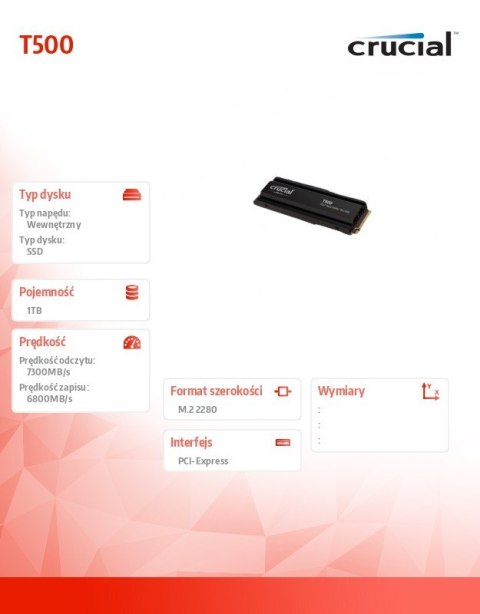 Dysk T500 1TB M.2 NVMe 2280 PCIe40 7300/6800 Radiator Dysk T500 1TB M.2 NVMe 2280 PCIe40 7300/6800 Radiator