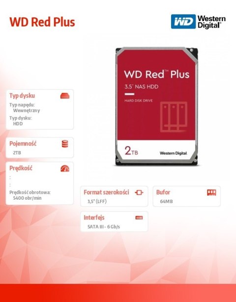 Dysk twardy WD Red Plus 2TB 3,5 CMR 64MB/5400RPM Dysk twardy WD Red Plus 2TB 3,5 CMR 64MB/5400RPM
