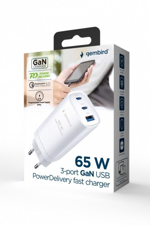 Ładowarka PowerDelivery 1xA 2xC GaN 65W Biała Ładowarka PowerDelivery 1xA 2xC GaN 65W Biała