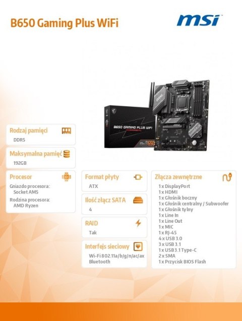 Płyta główna B650 GAMING PLUS WIFI AM5 4DDR5 HDMI/DP ATX Płyta główna B650 GAMING PLUS WIFI AM5 4DDR5 HDMI/DP ATX