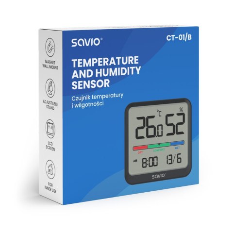 Czujnik temperatury i wilgotności, do użytku wewnętrznego, ekran LCD, zegar, data, uchwyt z magnesem, CT-01/B Czarny Czujnik temperatury i wilgotności, do użytku wewnętrznego, ekran LCD, zegar, data, uchwyt z magnesem, CT-01/B Czarny