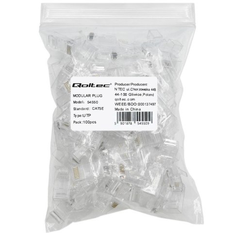 Wtyk złącze modularne RJ45 | CAT5e | UTP | Pozłacane styki | 100 sztuk Wtyk złącze modularne RJ45 | CAT5e | UTP | Pozłacane styki | 100 sztuk