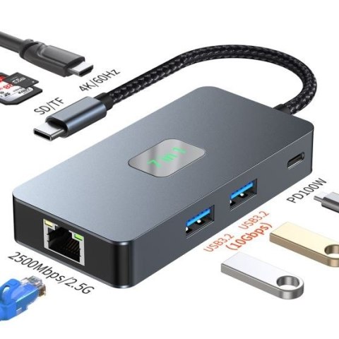 Adapter HUB USB C (7w1) HDMI USB SD/TF RJ45 (2500 Mbps) PD Adapter HUB USB C (7w1) HDMI USB SD/TF RJ45 (2500 Mbps) PD