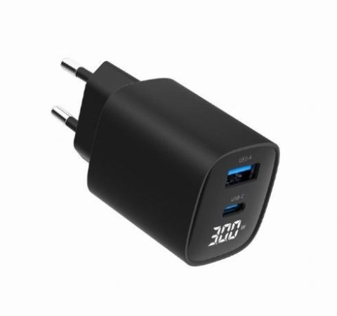 Ładowarka GaN 1xUSB-A 1xUSB-C LCD 30W PD QC3.0 czarna Ładowarka GaN 1xUSB-A 1xUSB-C LCD 30W PD QC3.0 czarna