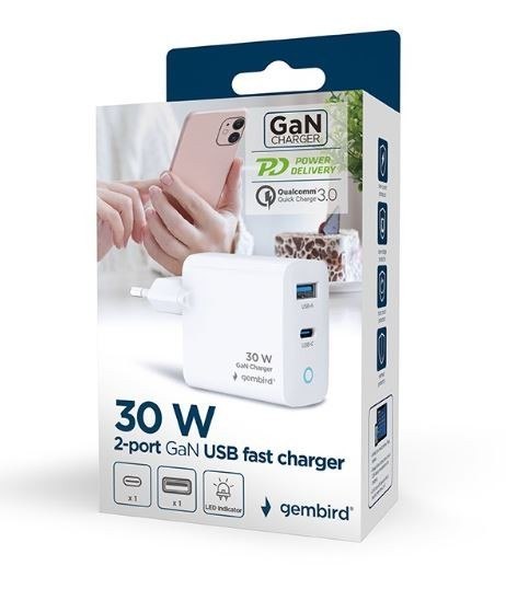 Ładowarka USB-A/C GaN LED 30W PD QC3.0 biała Ładowarka USB-A/C GaN LED 30W PD QC3.0 biała