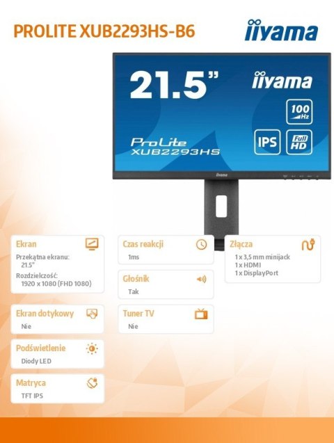 Monitor 22 cale XUB2293HS-B6 IPS,HDMI,DP,HAS(150mm)