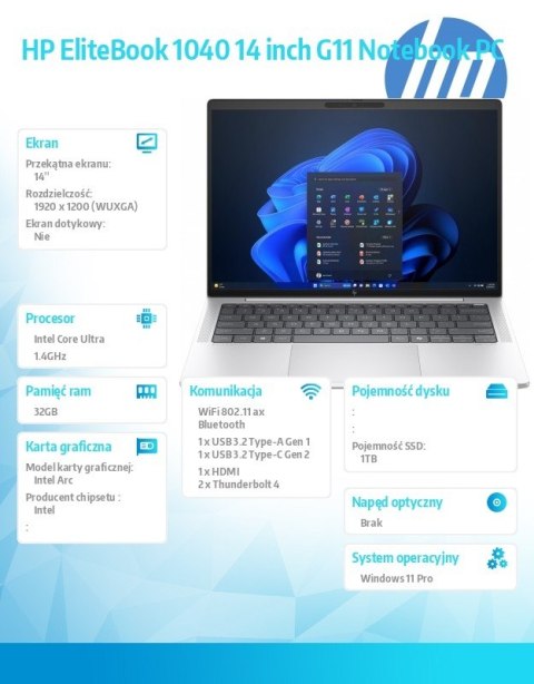 Notebook EliteBook 1040 G11 U7-165H 1TB/32GB/W11P/14.0 9G0X0ET Notebook EliteBook 1040 G11 U7-165H 1TB/32GB/W11P/14.0 9G0X0ET