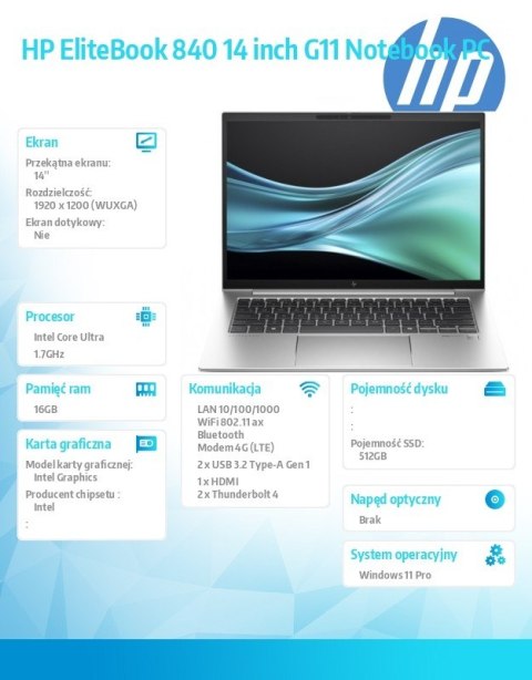 Notebook EliteBook 840 G11 U7-155U 512GB/16GB/W11P/14.0 9G0V5ET Notebook EliteBook 840 G11 U7-155U 512GB/16GB/W11P/14.0 9G0V5ET