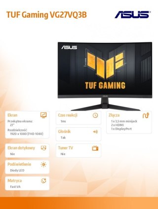 Monitor TUF Gaming 27 cali VG27VQ3B HDMIx2+DP GAMING Czarny/1ms/EU