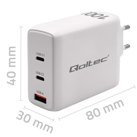 Ładowarka sieciowa 100W GaN | 5-20V | 1.5-3A | 2xUSB-C PD | 1xUSBQC 3.0 | Biała Ładowarka sieciowa 100W GaN | 5-20V | 1.5-3A | 2xUSB-C PD | 1xUSBQC 3.0 | Biała