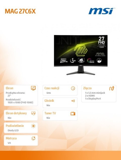 Monitor 27 cali MAG 27C6X LED/FHD/Curved/250Hz/czarny