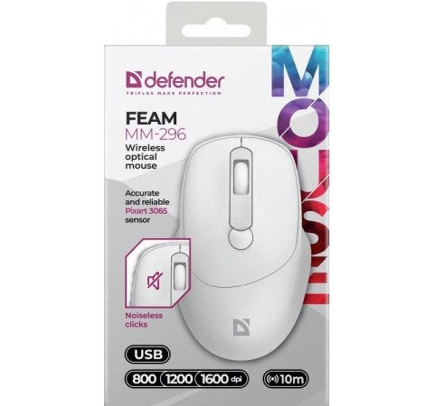 Mysz bezprzewodowa silent click FEAM MM-296 RF 1600 DPI Biała Mysz bezprzewodowa silent click FEAM MM-296 RF 1600 DPI Biała