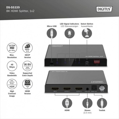 Rozdzielacz/Splitter HDMI 1x2, 8K/60Hz (4:4:4) z HDR, 48 Gbps, HDCP 2.3. Toslink / Stereo , EDID Rozdzielacz/Splitter HDMI 1x2, 8K/60Hz (4:4:4) z HDR, 48 Gbps, HDCP 2.3. Toslink / Stereo , EDID