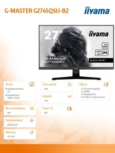 Monitor 27 cali G2745QSU-B2,IPS,QHD,100Hz,1ms,2xUSB,300cd