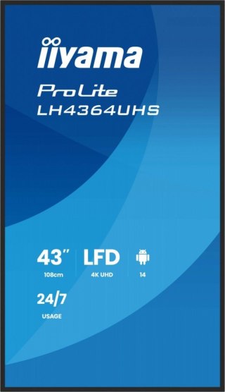 Monitor 43 cale LH4364UHS-B1AG 24/7,VA,ANDROID14,4K,500cd,4000:1,2xHDMI,USB-C,RJ45, RS-232c, IR, 2x10W, 2xUSB, UCHWYT ŚCIENNY