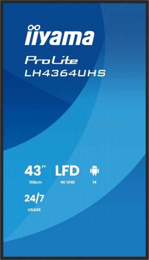 Monitor 43 cale LH4364UHS-B1AG 24/7,VA,ANDROID14,4K,500cd,4000:1,2xHDMI,USB-C,RJ45, RS-232c, IR, 2x10W, 2xUSB, UCHWYT ŚCIENNY