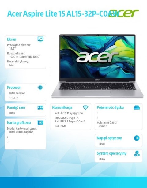 Laptop Lite 15 AL15-32P-C0AW Celeron N4500, 15.6 FHD IPS, 8GB, 256GB SSD, No OS, Pure Silver