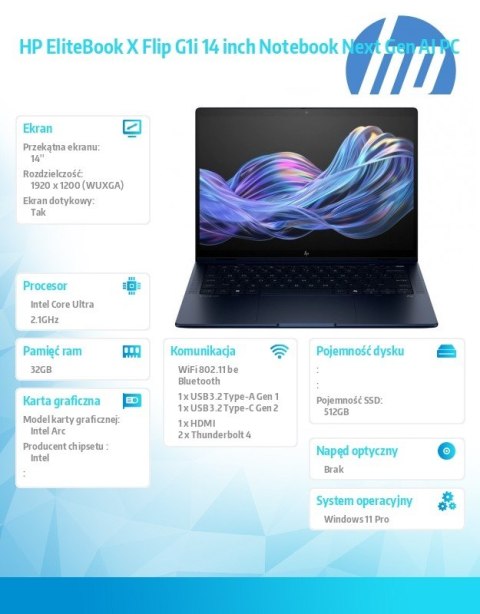 Notebook EliteBook X Flip G1i U5 228V/512GB/32GB/W11P/14.0 B9ZX7ET Notebook EliteBook X Flip G1i U5 228V/512GB/32GB/W11P/14.0 B9ZX7ET