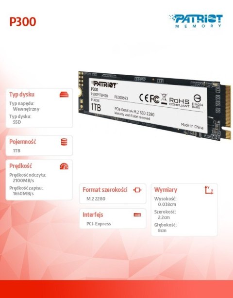 Dysk SSD P300 1TB M.2 PCIe Gen 3 x4 2100/1650 Dysk SSD P300 1TB M.2 PCIe Gen 3 x4 2100/1650