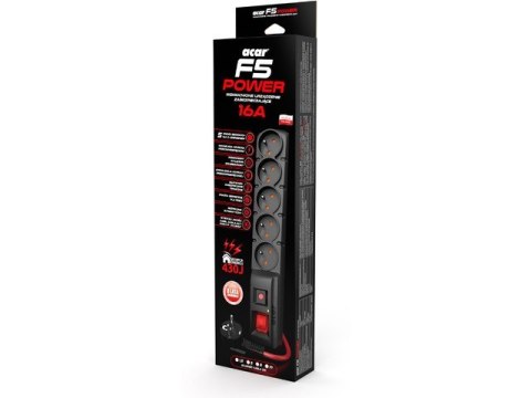 Listwa zasilająca F5 Power 1.5m 16A (5 gniazd) Czarna Listwa zasilająca F5 Power 1.5m 16A (5 gniazd) Czarna