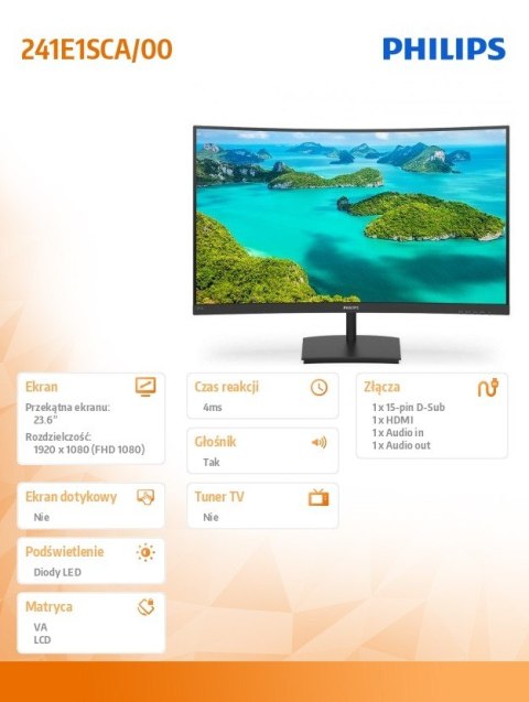Monitor 241E1SCA 23.6 cali VA Curved HDMI Głośniki Monitor 241E1SCA 23.6 cali VA Curved HDMI Głośniki