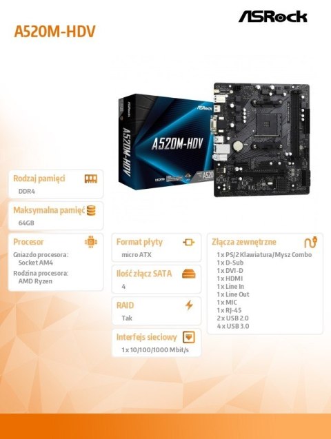 Płyta główna A520M-HDV AM4 2DDR4 HDMI/DVI/VGA M.2 mATX Płyta główna A520M-HDV AM4 2DDR4 HDMI/DVI/VGA M.2 mATX