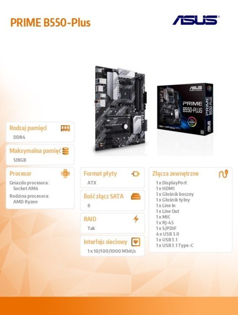 Płyta główna PRIME B550-PLUS AM4 4DD R4 HDMI/DP M.2 ATX Płyta główna PRIME B550-PLUS AM4 4DD R4 HDMI/DP M.2 ATX