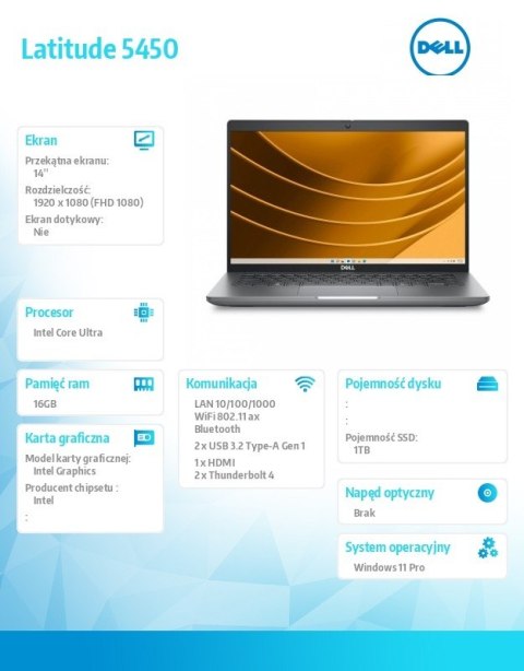 Notebook Latitude 5450 Win11Pro Ultra 5 135U/16GB/1TB SSD Gen4/14.0 FHD/Integrated/FgrPr&SmtCd/FHD/IR Cam/Mic/WLAN+BT/Backlit Kb