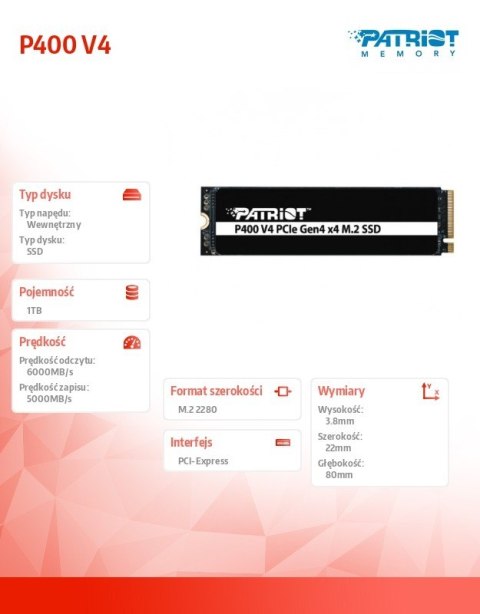 Dysk SSD 1TB P400 V4 6000/5000 MB/s M.2 PCIe Gen4 x4 NVMe 2.0 Dysk SSD 1TB P400 V4 6000/5000 MB/s M.2 PCIe Gen4 x4 NVMe 2.0