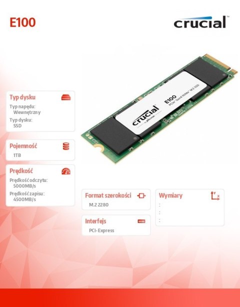 Dysk SSD E100 1TB M.2 NVMe 2280 PCIe 4.0 5000/4500 MB/s Dysk SSD E100 1TB M.2 NVMe 2280 PCIe 4.0 5000/4500 MB/s