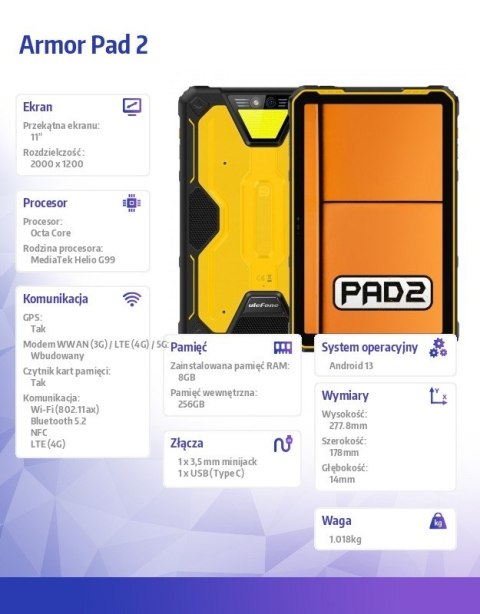 Tablet Armor Pad 2 4G 11 cali 8/256GB Czarno-żółty