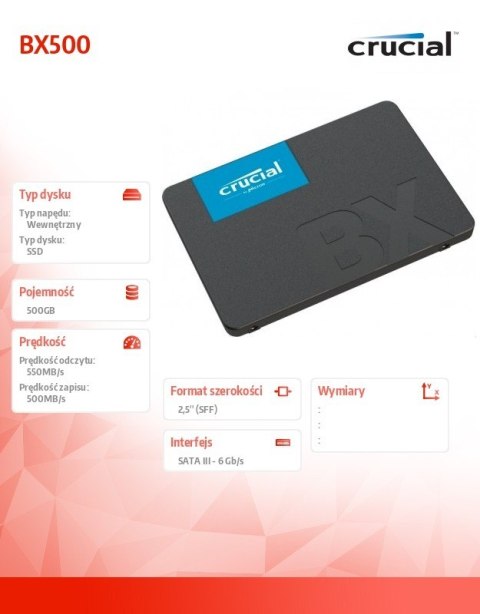 Dysk SSD BX500 500GB SATA3 2.5 cala Dysk SSD BX500 500GB SATA3 2.5 cala