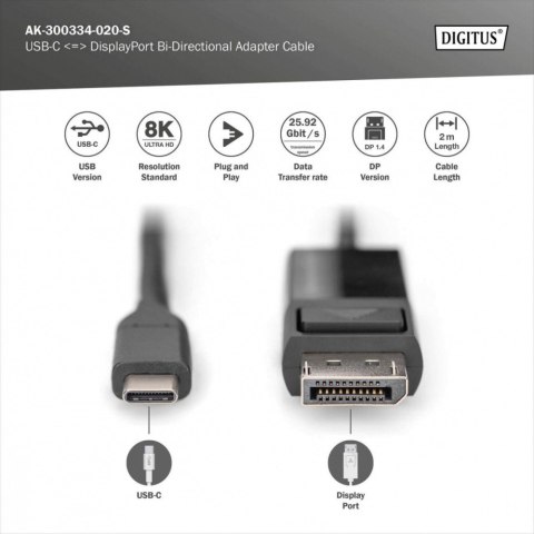 Kabel adapter USB Typ C/DisplayPort dwukierunkowy 8K 30Hz 2m Kabel adapter USB Typ C/DisplayPort dwukierunkowy 8K 30Hz 2m