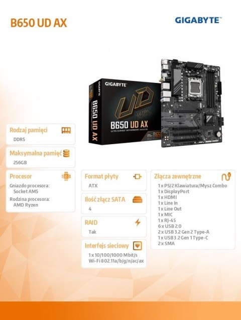 Płyta główna B650 UD AX AM5 4DDR5 HDMI/DP ATX Płyta główna B650 UD AX AM5 4DDR5 HDMI/DP ATX