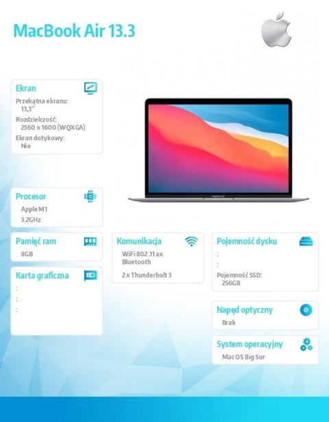 MacBook Air 13,3 cali: M1 8/7, 8GB, 256GB - Gwiezdna szarość MacBook Air 13,3 cali: M1 8/7, 8GB, 256GB - Gwiezdna szarość