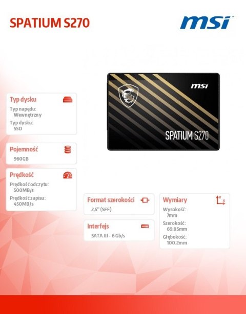 Dysk SSD SPATIUM S270 960GB 2,5 cala SATA3 500/450MB/s Dysk SSD SPATIUM S270 960GB 2,5 cala SATA3 500/450MB/s