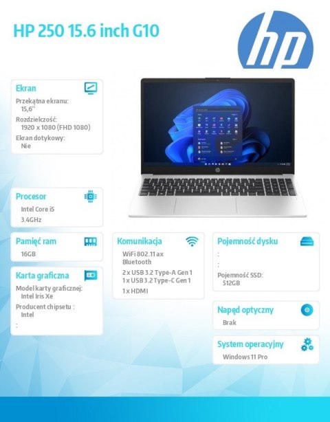 Notebook 250 G10 i5-1334U 512GB/16GB/W11Pro/15.6 cali AL0E7AT Notebook 250 G10 i5-1334U 512GB/16GB/W11Pro/15.6 cali AL0E7AT