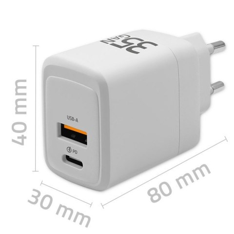Ładowarka sieciowa 35W GaN | 5-20V | 1.5-3A | 1xUSB-C PD | 1xUSB QC 3.0 | Biała Ładowarka sieciowa 35W GaN | 5-20V | 1.5-3A | 1xUSB-C PD | 1xUSB QC 3.0 | Biała