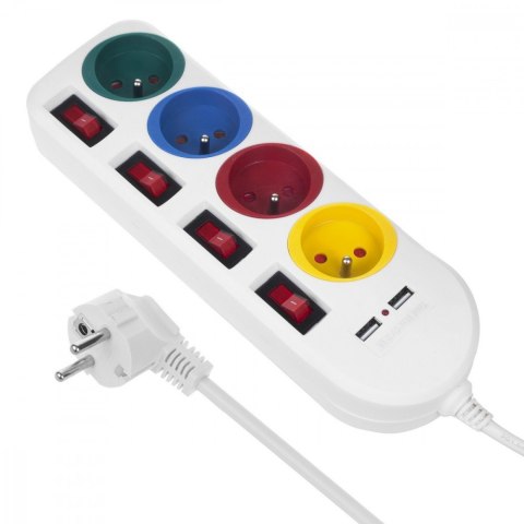Listwa zasilająca z wyłącznikami 4 gniazda + 2xUSB przedłużacz MCE229W Biała Listwa zasilająca z wyłącznikami 4 gniazda + 2xUSB przedłużacz MCE229W Biała