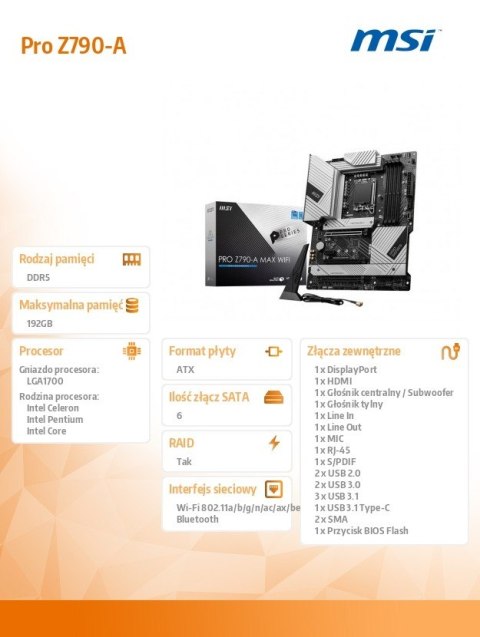 Płyta główna PRO Z790-A MAX WIFI s1700 4DDR5 HDMI/DP ATX Płyta główna PRO Z790-A MAX WIFI s1700 4DDR5 HDMI/DP ATX