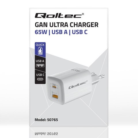 Ładowarka sieciowa 65W GaN ULTRA | 5-20V | 2.25-3.25A | 1 x USB typ C PD | 1 x USB QC 3.0 | Biała Ładowarka sieciowa 65W GaN ULTRA | 5-20V | 2.25-3.25A | 1 x USB typ C PD | 1 x USB QC 3.0 | Biała