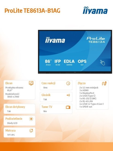 Monitor 86 cali TE8613A-B1AG INFRARED,40pkt,IPS,4K,7H,450cd/m2, WiFi,USB, ANDROID 14, Google EDLA,2x20W, UCHWYT CIENNY