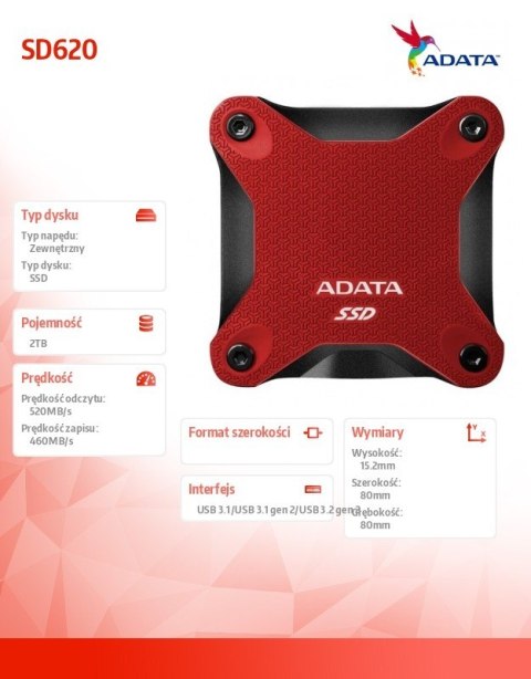 Zewnętrzny dysk SSD SD620 2TB U3.2A 520/460 MB/s Red Zewnętrzny dysk SSD SD620 2TB U3.2A 520/460 MB/s Red