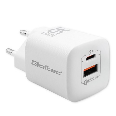 Ładowarka sieciowa 35W GaN ULTRA | 5-20V | 2.25-3A | 1 x USB typ C PD | 1 x USB | Biała Ładowarka sieciowa 35W GaN ULTRA | 5-20V | 2.25-3A | 1 x USB typ C PD | 1 x USB | Biała
