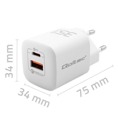 Ładowarka sieciowa 35W GaN ULTRA | 5-20V | 2.25-3A | 1 x USB typ C PD | 1 x USB | Biała Ładowarka sieciowa 35W GaN ULTRA | 5-20V | 2.25-3A | 1 x USB typ C PD | 1 x USB | Biała